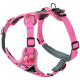 Rosa Camouflage-Hundegeschirr mit verstellbaren Riemen und einem gepolsterten Brustbereich für Komfort, mit einem Metall-D-Ring zur Leinenbefestigung.