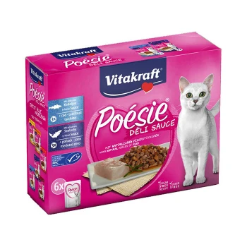 Vitakraft Poesie Deli Sauce Katzenfutterverpackung, mit einer pinken Box und Bildern von Fischstücken sowie einem Serviervorschlag.