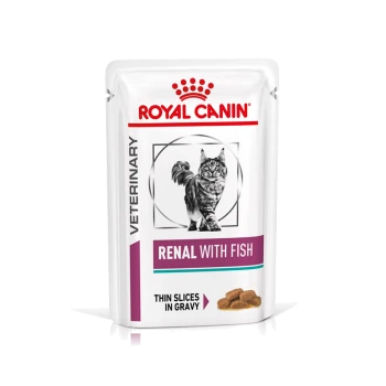Royal Canin Veterinary Renal met vis kattenvoedingszak, met een afbeelding van een grijze kat, gelabeld 'Dunne Plakken in Jus.'