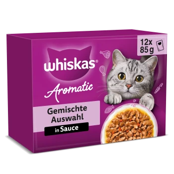 Lila Whiskas Aromatic Katzenfutter-Schachtel mit grauer Katze und Nassfutter; sichtbarer Text: 'Gemischte Auswahl', 'in Sauce', '12x85g'.