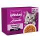 Lila Whiskas Aromatic Katzenfutter-Schachtel mit grauer Katze und Nassfutter; sichtbarer Text: 'Gemischte Auswahl', 'in Sauce', '12x85g'.