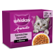 Lila Whiskas Aromatic Katzenfutter-Schachtel mit grauer Katze und Nassfutter; sichtbarer Text: 'Gemischte Auswahl', 'in Sauce', '12x85g'.
