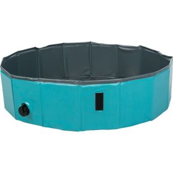 Eine blaue achteckige Haustierbadewanne mit grauem Innenraum und einem Ablassventil an der Seite, entworfen für einfaches Waschen von Haustieren.