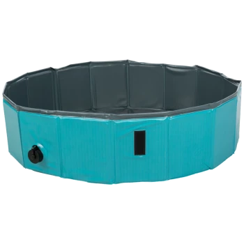 Eine blaue achteckige Haustierbadewanne mit grauem Innenraum und einem Ablassventil an der Seite, entworfen für einfaches Waschen von Haustieren.