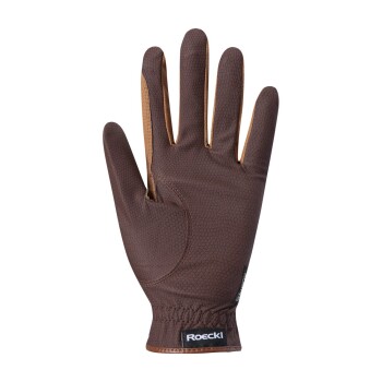 Brauner Tierpflegehandschuh mit strukturierter Oberfläche, mit einer lederähnlichen Handfläche und einem schwarzen "Roecki"-Etikett am Handgelenk.