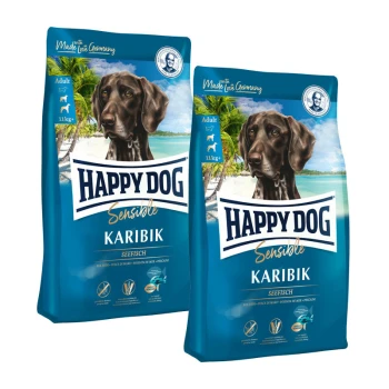 Deux sacs de nourriture pour chiens Happy Dog Sensible Karibik, présentant un chien brun sur le devant, avec du texte indiquant "Adult" et "11kg."