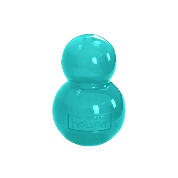 Ein leuchtend türkisfarbenes Hundespielzeug in Form eines Schneemanns, mit einer glatten Oberfläche und dem Wort "hound" auf der Seite eingeprägt.