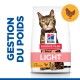 Sac de nourriture pour chats Hill's Science Plan Light avec un gros plan d'un chat Bengal, avec le texte "GESTION DU POIDS" et "avec DU POULET."