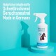 Flasche mit GREEN HERO Trockenshampoo für Pferde, mit einem Pferdebild, und Text, der natürliche Inhaltsstoffe, schnelles Trocknen und geruchsneutral hervorhebt.