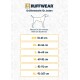 Größentabelle für Hundejacken von Ruffwear, die Maße in Zentimetern für die Größen XXS bis XL zeigt, mit einem Diagramm, das die Messpunkte angibt.