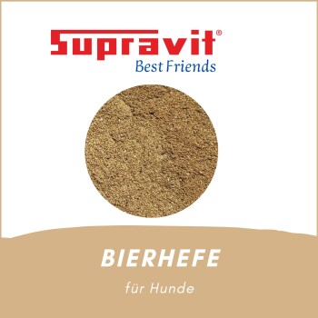 Supravit Best Friends-Etikett zeigt einen runden Haufen Bierhefepulver und den sichtbaren Text 'BIERHEFE für Hunde'.