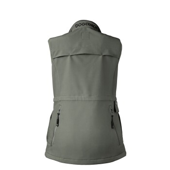 Rückansicht einer grünen Hundetrainingsweste mit dem auf dem Kragen gestickten Text 'DOGCOACH' und zwei Reißverschlusstaschen an den Seiten.