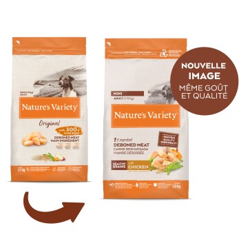 Nourriture pour chien adulte Nature's Variety Mini 1,5 kg avec poulet désossé, montrant l'ancien et le nouvel emballage avec l'étiquette « Nouvelle Image ».