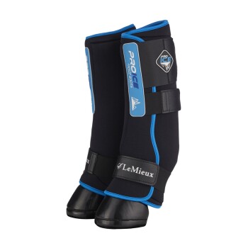 Schwarze und blaue Pferdefroststiefel mit verstellbaren Riemen, beschriftet mit 'PRO ICE' und 'LeMieux', entworfen für die Pferdepflege.