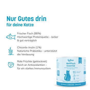 Graue getigerte Katze liegt neben einer Dose KatKare Weißfisch Essential Katzenfutter mit deutschem Text zu hypoallergenen Vorteilen.