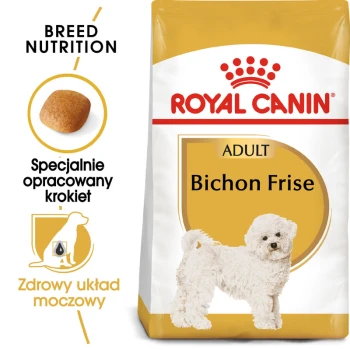 Torba z jedzeniem dla psów Royal Canin Bichon Frise Adult, z białym psem rasy Bichon Frise, z tekstem podkreślającym odżywianie rasy i zdrowie układu moczowego.