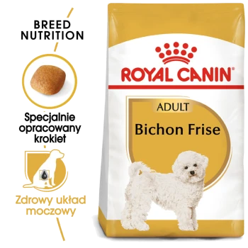 Torba z jedzeniem dla psów Royal Canin Bichon Frise Adult, z białym psem rasy Bichon Frise, z tekstem podkreślającym odżywianie rasy i zdrowie układu moczowego.