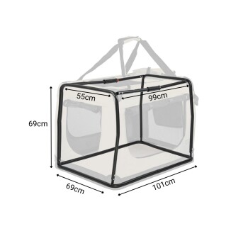 Tragbarer Haustier-Spielzaun mit den Abmessungen 101 cm x 69 cm x 69 cm, mit einem Netzdesign und einem stabilen schwarzen Rahmen.