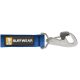 Blaue Hundeleine mit einem Metallclip, ausgestattet mit einem schwarzen Etikett mit dem "RUFFWEAR"-Logo und einer Hundegrafik.