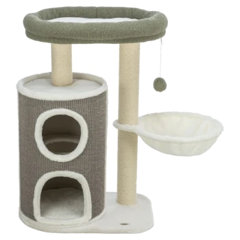 Katzenbaum mit einer gemütlichen oberen Plattform, zwei runden Verstecken, einem hängenden Spielzeug und einer weichen Hängematte, in neutralen Farben und plüschigem Stoff.