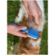 Eine Person hält eine blaue Bürste zur Fellpflege mit gesammeltem Tierfell in einer Hand, während sie das Fell eines Golden Retrievers im Freien auf Gras bürstet.