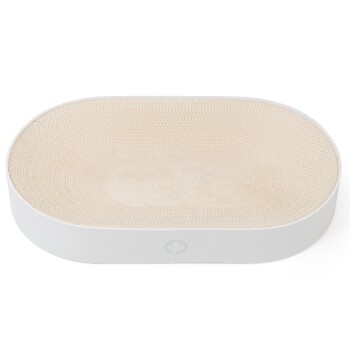 Ein weißes ovales Haustierbett mit einem strukturierten beigen Innenraum, entworfen für Komfort und Stil.