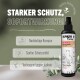 Sprühflasche, beschriftet mit "ALPHAZOO Force MILBHUNTER" mit Symbolen für starken Schutz, sanften Schild und nachhaltige Inhaltsstoffe.