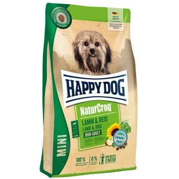Happy Dog NaturCroq Mini Adult Hundefutterbeutel mit einem Hund auf der Vorderseite, beschriftet mit "Lamm & Reis," hergestellt in Deutschland.