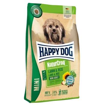 Torba karmy dla psów Happy Dog NaturCroq Mini Adult z psem na przedzie, oznaczona "Lamm & Reis" (Jagnięcina i Ryż), wyprodukowana w Niemczech.