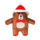 A plush teddy bear toy dressed in a red Santa hat and bow tie, featuring a woven brown body and smiling face.