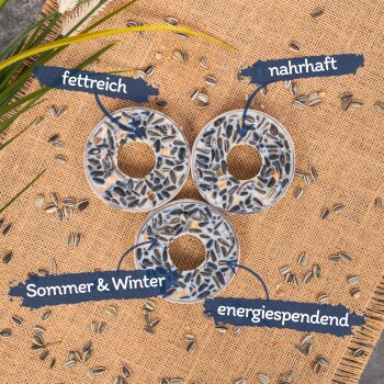 Drei Vogelfutterringe auf einem Jutesack-Hintergrund, beschriftet mit 'fettreich', 'nahrhaft', 'Sommer & Winter' und 'energiespendend.'