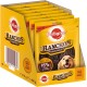 Boîte présentoir jaune de sachets de friandises Pedigree Ranchos Originals avec logo « Pedigree », mention « Ranchos Originals », pastille « 95% » et visage de chien souriant.