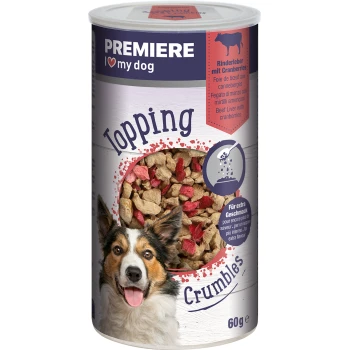Canister of dog food topping labeled "Premiere I love my dog," featuring crumbles made with beef liver and cranberries, 60g.