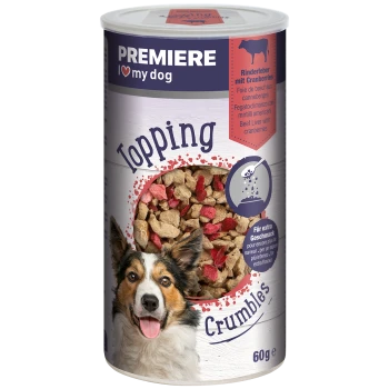 Récipient de garniture pour nourriture pour chiens étiqueté "Premiere I love my dog," avec des miettes faites de foie de bœuf et de canneberges, 60g.