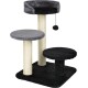 Three-tier cat tree with sisal scratching posts, black and gray plush perches and hanging pom-pom toy.