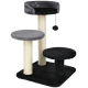 Three-tier cat tree with sisal scratching posts, black and gray plush perches and hanging pom-pom toy.