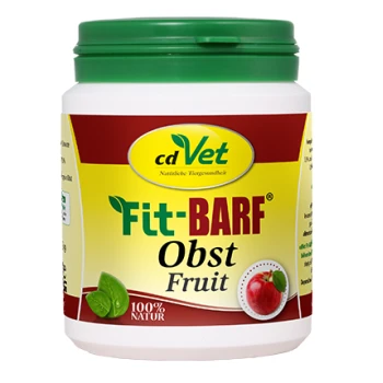 Behälter von cdVet Fit-BARF Obst Frucht, ein natürliches Haustier-Nahrungsergänzungsmittel, mit einem grünen Deckel, gelbem und weißem Etikett sowie Bildern eines Apfels und Blättern.