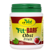 Behälter von cdVet Fit-BARF Obst Frucht, ein natürliches Haustier-Nahrungsergänzungsmittel, mit einem grünen Deckel, gelbem und weißem Etikett sowie Bildern eines Apfels und Blättern.