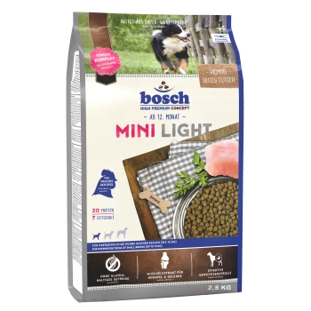 Bosch Mini Light Hundefutterbeutel, 2,5 kg, mit frischem Geflügel, 20 % Protein, 7 % Fett und Ansprüchen auf Gewichtskontrolle und Gelenkgesundheit.