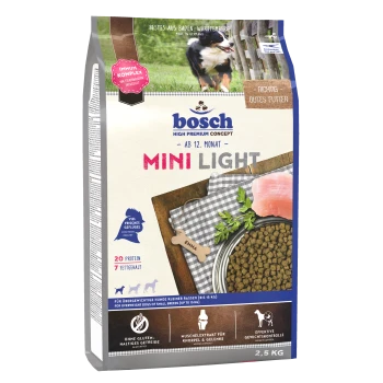 Bosch Mini Light Hundefutterbeutel, 2,5 kg, mit frischem Geflügel, 20 % Protein, 7 % Fett und Ansprüchen auf Gewichtskontrolle und Gelenkgesundheit.
