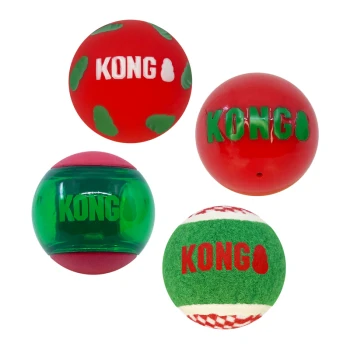Four KONG brand dog balls in red, green, and transparent colors with the KONG logo visible on each.