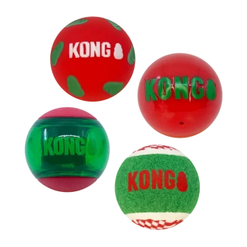 Four KONG brand dog balls in red, green, and transparent colors with the KONG logo visible on each.
