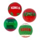 Four KONG brand dog balls in red, green, and transparent colors with the KONG logo visible on each.
