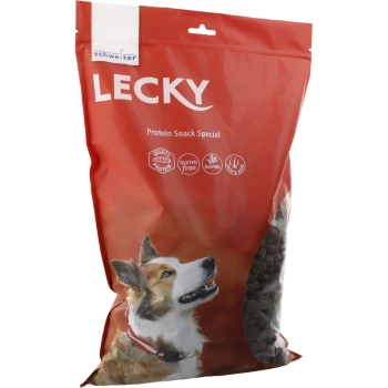 Sac de collations protéinées LECKY rouge pour chiens, mettant en avant un chien heureux et des icônes pour la protéine d'insecte, sans gluten et gastro-friendly.