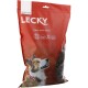 Rote LECKY Protein Snack-Tüte für Hunde, mit einem glücklichen Hund und Symbolen für Insektenprotein, glutenfrei und magenfreundlich.