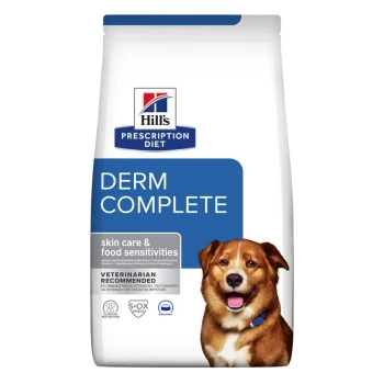 Hill's Prescription Diet Derm Complete Hundefutterbeutel, mit dem Etikett 'Hautpflege & Nahrungsmittelunverträglichkeiten', vom Tierarzt empfohlen.