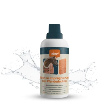 Flasche 'Wash-In Imprägnierung für Pferdedecken' mit einem Pferdebild, mit einem Wasser-Spritzhintergrund und mehrsprachigem Text.