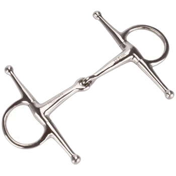 Ein glänzendes Edelstahl-Pferdegebiss mit doppeltem Gelenk und Ringen, 12,5 cm lang, vor einem weißen Hintergrund präsentiert.