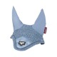 Hellblaues Pferdeohren-Bonnet mit Häkelverzierungen und weichem Stoff, mit einem LeMieux-Logo-Tag.