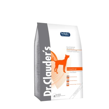 Dr. Clauder's Intestinal Hundefutterbeutel mit einer orangefarbenen Silhouette eines Hundes, mit Text, der glutenfreie Körner und essentielle Fettsäuren hervorhebt.